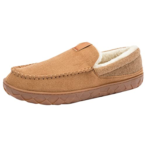 deenor Mens Moccasin House Slippers Cozy Memory Foam Bedroom Slippers Indoor Outdoor Non-slip Suede Slippers with Plush Lining Size 8, Brown
