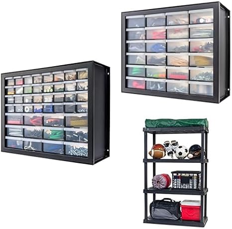 Bundle of IRIS USA 4-Shelf Heavy Duty Plastic Rack + 44 & 24 Drawer Tool Organizers
