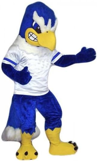 College Fierce Blue Falcon Mascot Costume for Adults in Whie Shirt Men & Women with Built-in Fan Inside the Head