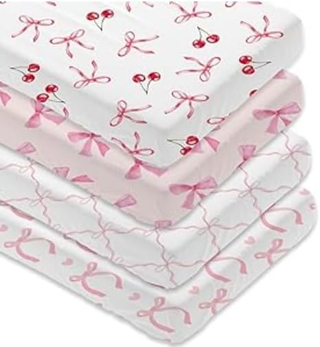 Baby Crib Sheets, Pink Bow and Stripe Pattern, 2 Pack