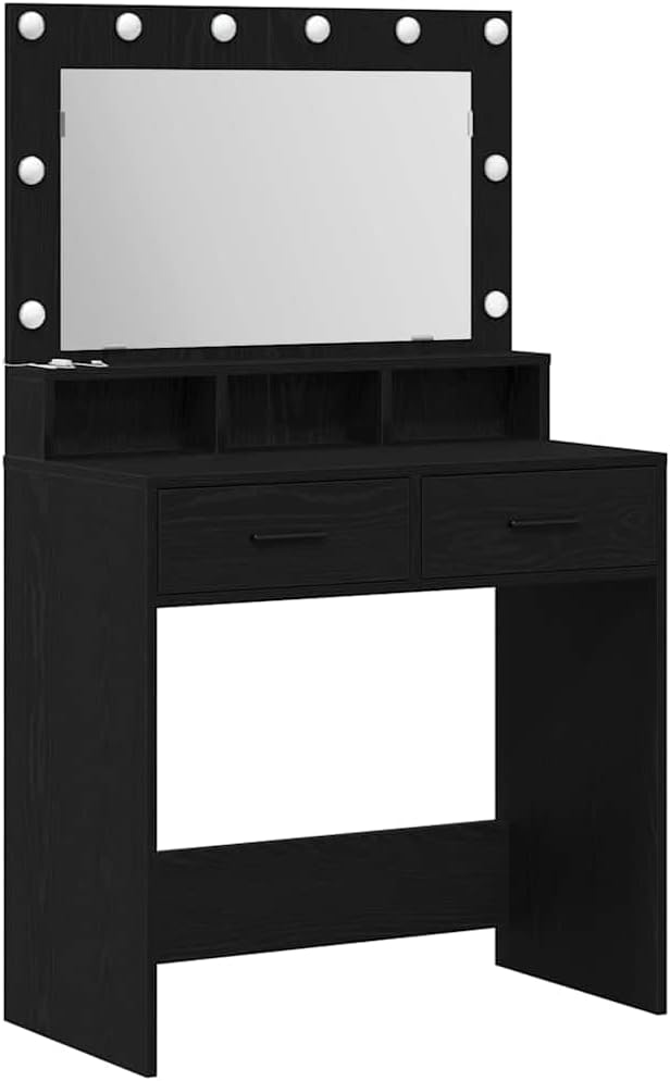 Modern Dressing Table with LED Mirror Lights, Black Oak, 79 x 41 x 135 cm, Engineered Wood, Matte Finish