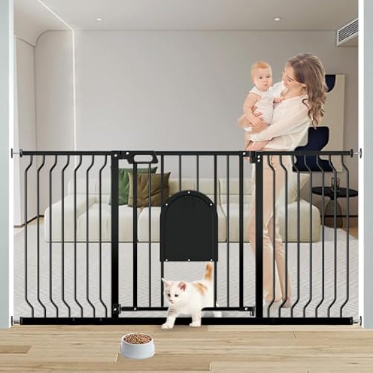 Baby Gate with Cat Door,29.5-62 Extra Wide Pet Gates with Door Walk Thru, Auto Close Child Safety Gate for Doorways Stairs, Pressure Mounted Metal Dog Gate with Pet Door Adjustable, Black