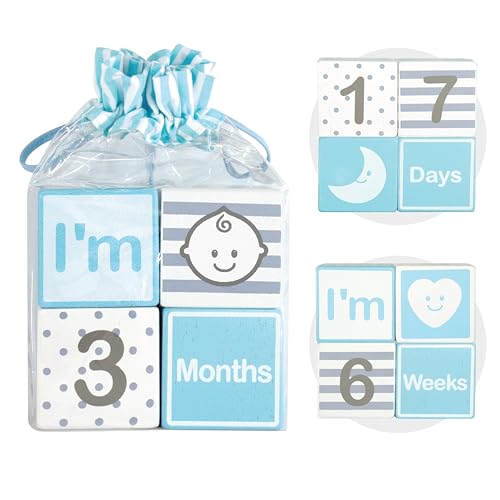 Im Solid Wood Monthly Weekly Yearly Milestone Age Blocks, Newborn Gifts & Keepsakes for Picture Props 4 PcsBlue