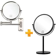 ALHAKIN Wall Mounted Makeup Mirror and Tabletop Mirror, 8 Inch Nickel Finished Extendable Bathroom Mirror and Black 10X Magnifying Makeup Mirror with Stand