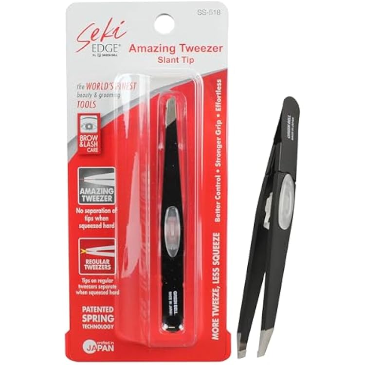 SEKI EDGE SS-518 Amazing Tweezer - Slant Tip with Tension Stopper - Stainless Steel -Black- Crafted with Patented Spring Technology for Precision and Flawless Eyebrow and Hair Removal - Made in Japan
