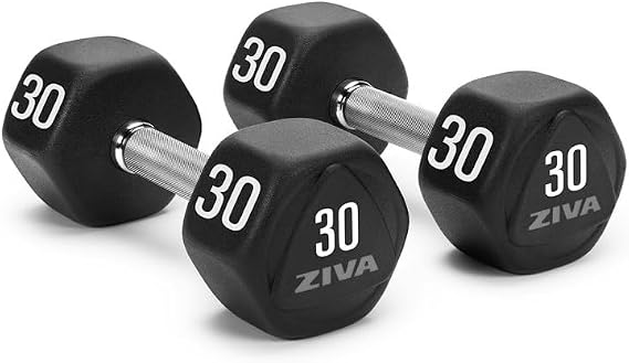 ZIVA HIIT TPU Hexagon Dumbbells Premium No-Roll Urethane Dumbbells with Fully Knurled Chrome Handles, Scratch-Resistant TPU Coating, Easy-Read Weight Markings 530 lb Pairs for Strength Training