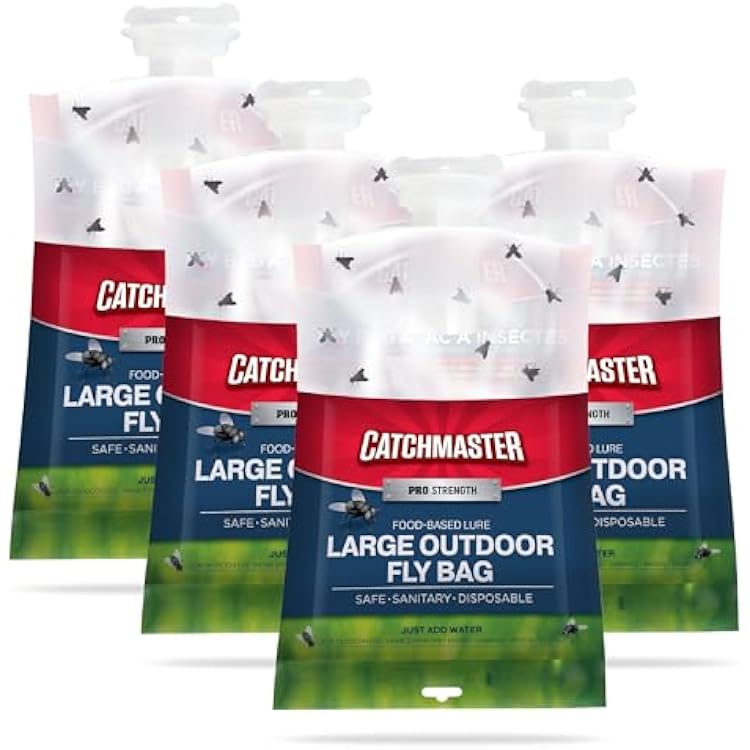 Catchmaster Pro Series Extra-Large Outdoor Fly Trap wNo-Mess Lid 4-Pack - Hanging Fly Trap Outdoor Home, Bug Catcher and Flying Insect Trap with Premium Food Lure for Backyard, Pool, Patio & Camping