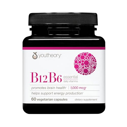 Youtheory B12B6 - Vitamin B12 & B6 - Supports Mood, Nervous System & Metabolism - Aids Memory & Stress Management - No Dairy, Soy or Gluten - 60 Capsules 60 Servings