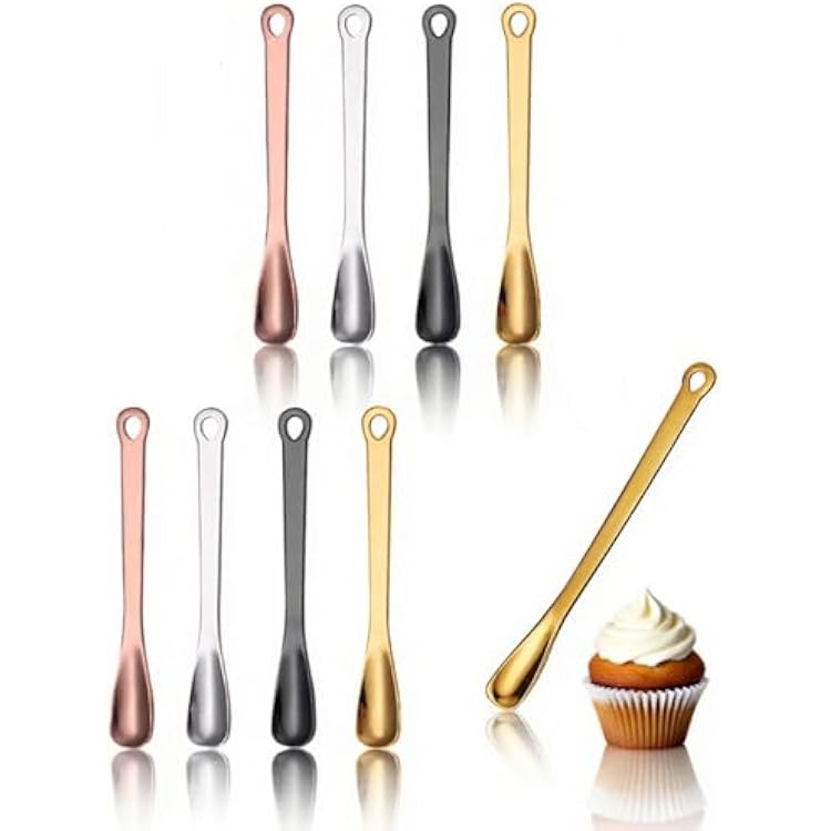 8-Pack Mini Dessert Spoons, Small Tea Spoons, Metal Tiny Spoon, Portable Stainless Steel Shovel Scoops for Dessert Resuable Cupcake Powder Spices Medicine Home Kitchen Silver, Gold, Rose Gold, Black