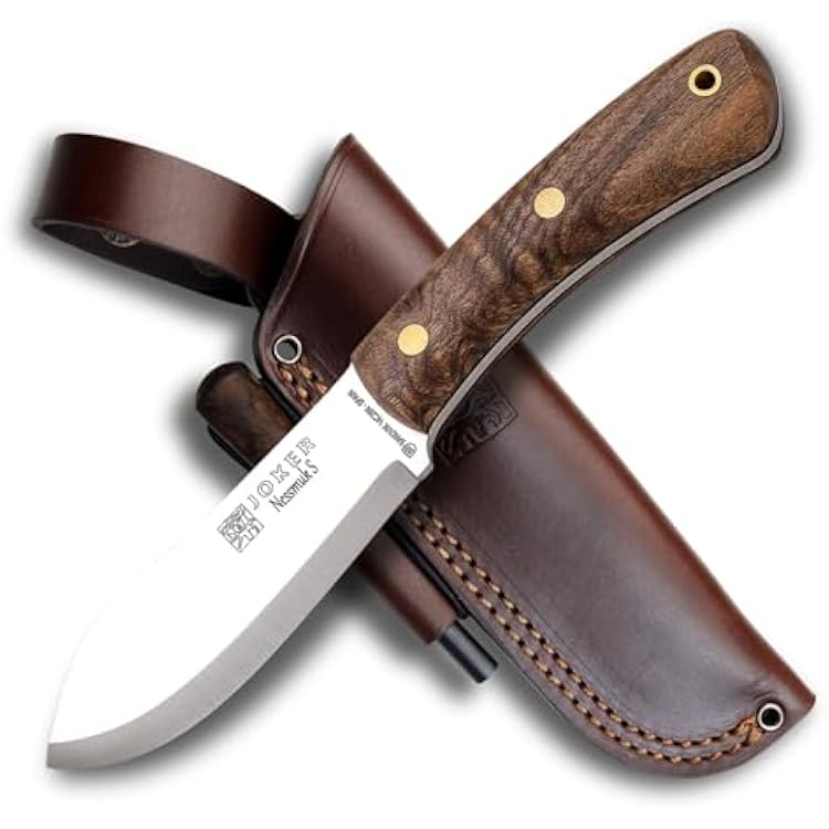 Joker Knife Nessmuk S 132, 4.3 in. Blade Sandvik 14C28N, Birch and Walnut Handle, Brown Leather Sheath, Fishing, Hunting, Camping and Trekking Tool Walnut Wood, Leather Sheath With Firestarter