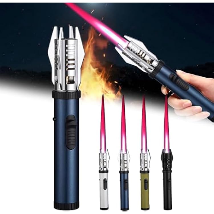 Metal Large Flame Windproof Lighter, Camping Outdoor Windproof Straight Flame Lighter, Lightsaber Refillable Butane Welding Lighter with Safety Lock Fuel Not IncludedBlue