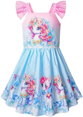 LQSZ Girls Dress Ruffled Sleeves Easter Summer Cartoon Princess Valentine Casual Style Dresses for Toddler Kids 2-12 Years