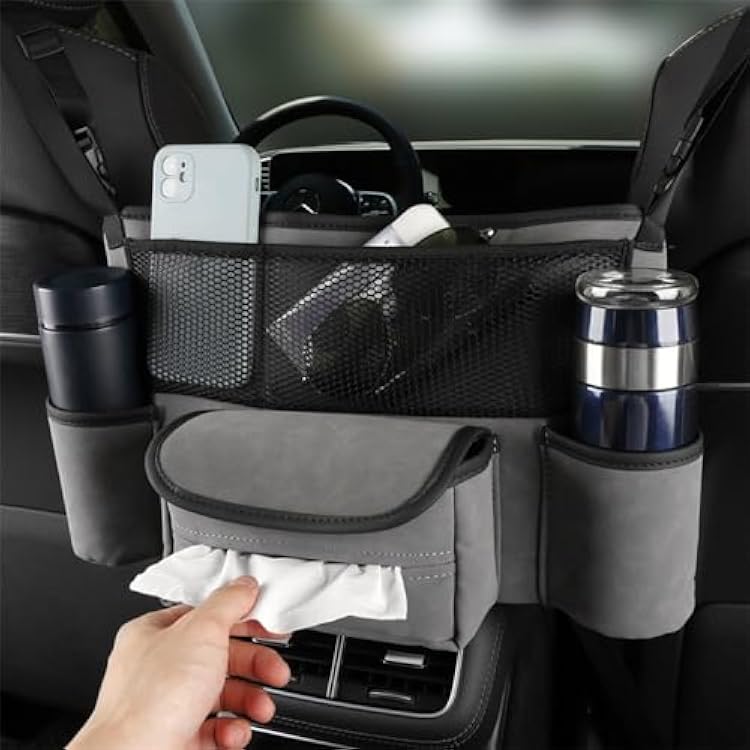 Car Handbag Holder Between Seats Car Organizer, Leather Large Capacity Car Purse Holder for Front Seat, Seat Back Net Bag Double-sided Tissue Storage Handbag Holder Car Divider Gray