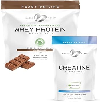 Muscle Feast Bundle Grass-Fed Whey Protein Concentrate Chocolate 5lb (1 Unit) + Creapure Creatine Monohydrate Powder Unflavored 500g (1 Unit), All Natural Hormone-Free Pasture Raised
