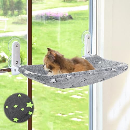 Cat Window Perch, Glow in The Dark Cordless Foldable Pet Hammock Bed for Window with Sturdy Metal Frame, Glowing Stars Pattern Resting Seat for Indoor Cats Stars - M