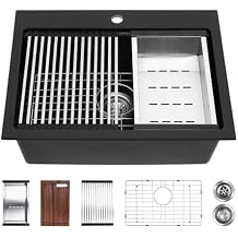 Davivy 25 Inch Black Granite Composite Kitchen Sink Workstation, Quartz Kitchen Sink Black, Drop in & Undermount Installation, Single Bowl Design with Accessories