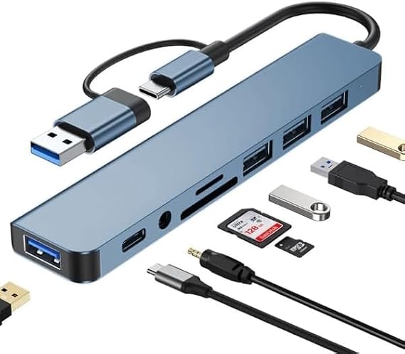 Orret Home Multiplexer Adapter 8 in 2 USB Type-C to USB A, USB C, SD/TF Card Reader – MacBook and Laptop Compatible Multi-Port USB HUB Duplicator
