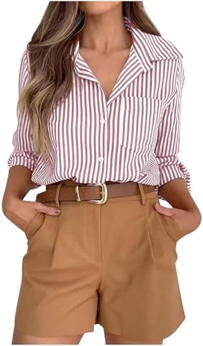 Women Business Casual Work Tops Striped Button Down Blouse Long Sleeve Collared Shirts Trendy Summer Outfits Clothes