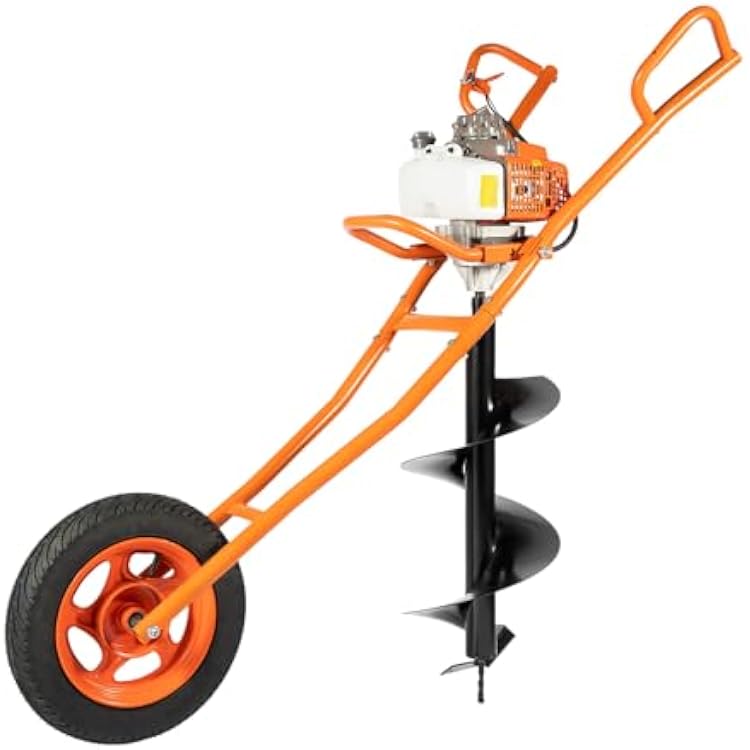 63CC Post Hole Digger 2-Stroke 3HP Gas Powered Auger Post Hole Digger - Earth Auger with Wheelbarrow Design, Extra-Large Fuel Tank & 60-300mm Bit Compatibility for Fence Post Drilling 63CC