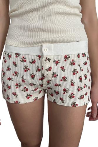 Women Floral Print Shorts Y2k Low Rise Fornt Button Pajama Shorts Patchwork Cute Pj Shorts Lounge Bottom