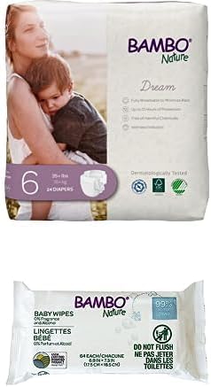 Bambo Nature Premium Baby Diapers, Size 6 + Bambo Nature 99% Biobased Water Wipes - Case of Each