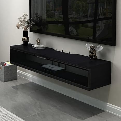 Floating Tv Stand Modern Meuble Flottant with Drawers Television Stands Solid Wood Wall Mounted Cabinet Unit,Modern Wall-Mounted Floating TV Stand with Drawers, Flip Lids, and Media Console