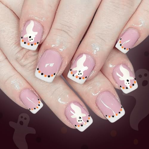 Halloween Press on Nails for Women Cute White Ghost Fake Nails Short Square French Tip Acrylic Glue on Nail Glossy Full Cover Day of the Dead Stick on Nail