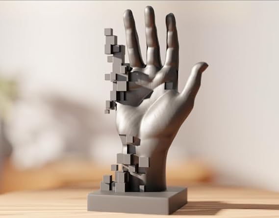 Housetrend Pikselli El Heykeli – Glitch Art Modern Sanat Objesi – Teknolojik ve Dijital Tasarım Biblo, Gri ve Kahverengi Seçenekleriyle Estetik Masaüstü Aksesuarı (Modern Heykel (Gri)