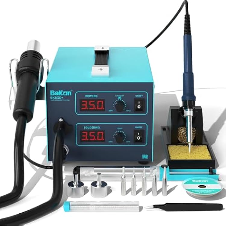 Bakon 852d Heat Gun And Soldering Iron 2-In-1 Kit, Smd Hot Air Rework Soldering Station, Multiple Functions Electronics Kit, Led Digital Display, Knob Type Adjustable Temperature