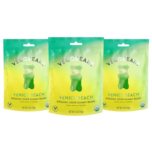 Candy People VegoBears Venice Beach Vegan Gummy Bears Organic Gummy Bears, Non-GMO, Lemon, Apple, Pineapple Sour Gummies 4 Ounce 3 Pack
