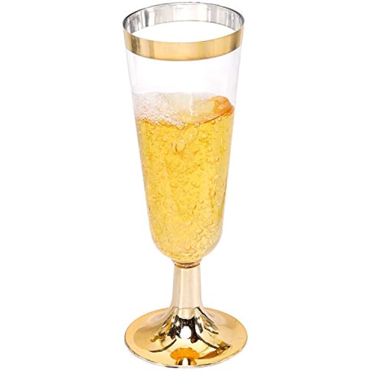 I00000 Gold Champagne Flutes 50 PACK, 5 Oz Disposable Champagne Glasses, 2-Piece Plastic Toasting Glasses for Celebration, Wedding or Parties