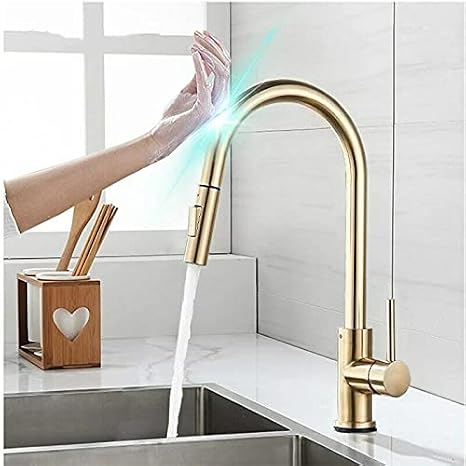 Faucets,Kitchen Taps Pull Out Sensor Kitchen Faucets, Stainless Steel Induction Mixed Tap, Touch Control Sink Tap, Kitchen Faucet/Gold