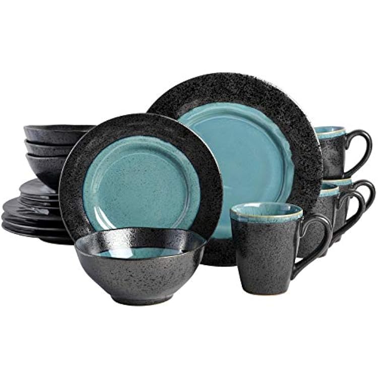 Gibson Elite Dragonstone Round Reactive Glaze Stoneware Dinnerware Set, Service for Four 16pcs, Aqua