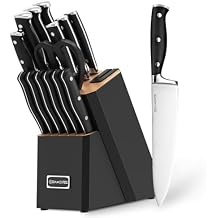 Black Knife Set, 15-Piece Knife Block Set with Built-in Sharpener Scissors for Kitchen, Dishwasher Safe Knives set Ideal Present for Family & Restaurant
