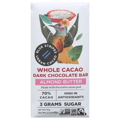 B.lue Stripes Whole Cacao Almond Butter Bar 2.1OZ Pack of 12