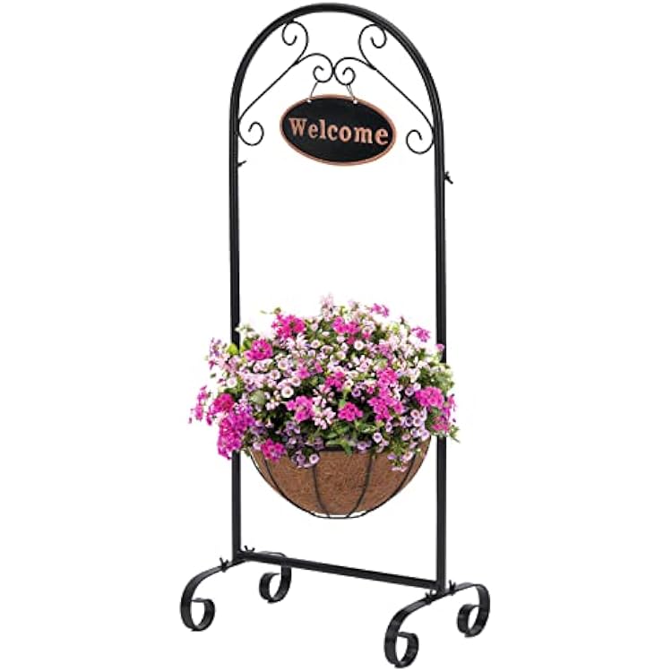 BAYN Metal Welcome Planter Basket Stand with Coco Liner, 39.5 Hanging Planter Stand with Decorative Welcome Sign Outdoor Decor for Garden, Patio, Deck, Entry and Front Porch