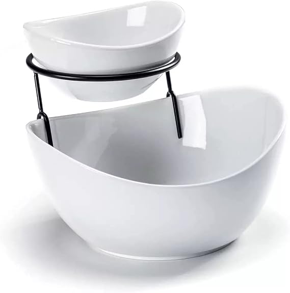 2 Tier Storage Bowls with Metal Rack Stand for Fruit Salad Candy Ceramic Tiered Serving Dishes