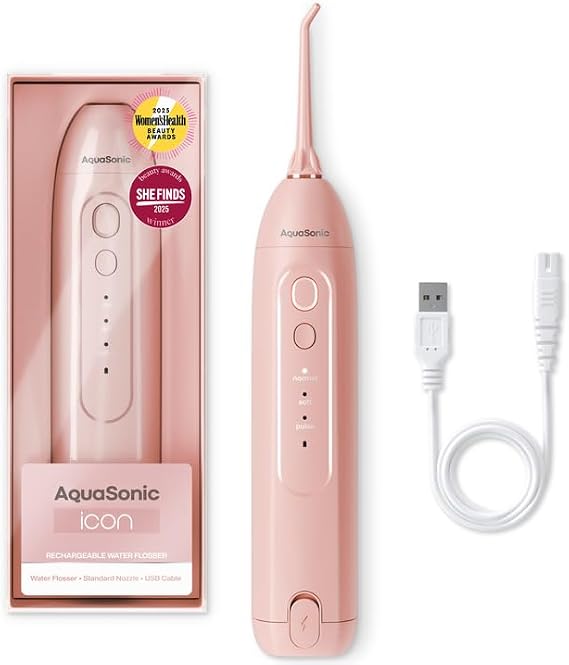 AquaSonic Icon Water Flosser for Teeth Cordless Rechargeable Oral Irrigator Waterproof, Portable Dental Cleaning with Jet Tip Braces Home Travel - Blush