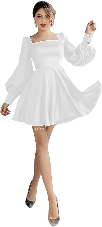 Long Sleeve Satin Homecoming Dresses for Teens Square Neck Short Prom Dress A Line Cocktail Party Dresss