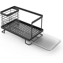 Kitchen sink Organizer Caddy with Drain Pan Try Sponge Scrubber Brush Dishrag Dishcloth Holder Rack Counter Stainless Steel Rustproof - Black