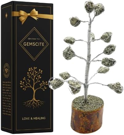 GEMSCITE Pyrite Crystal Tree with Natural Raw Stones, 12 to 14 Branches, Rustic Wood Base