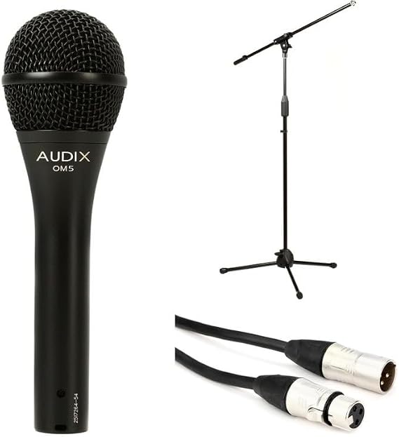 AUDIX OM5 Hypercardioid Dynamic Vocal Microphone Bundle with Adjustable Microphone Stand, XLR Cable, and Carrying Pouch Professional Mic for Live Performances, Studio Recording, and Broadcasting