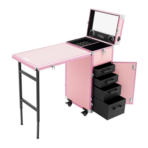 Rolling Portable Manicure Table, Foldable Rolling Manicure Desk Makeup Train Case with 4 Drawers Travel Cosmetic Trolley Storage Organizer for Technician Workstation Mobile Makeup Artist Trolley Pink