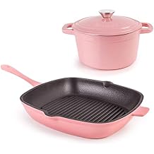 BergHOFF 3Pc Neo Enameled Cast Iron Cookware Set, 3qt. Dutch Oven, Matching Lid, Square Grill Pan 11 Inches, Oven Safe Up To 400F, Pink
