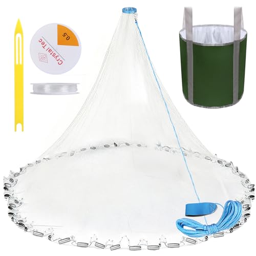 Handmade American Cast Net, Yeahmart Casting Fishing Net for Bait Trap Fish, Throw Nets with Zinc Sinker Weights for Freshwater & Salt Water 345678 Ft, 12 Inch Mesh Size