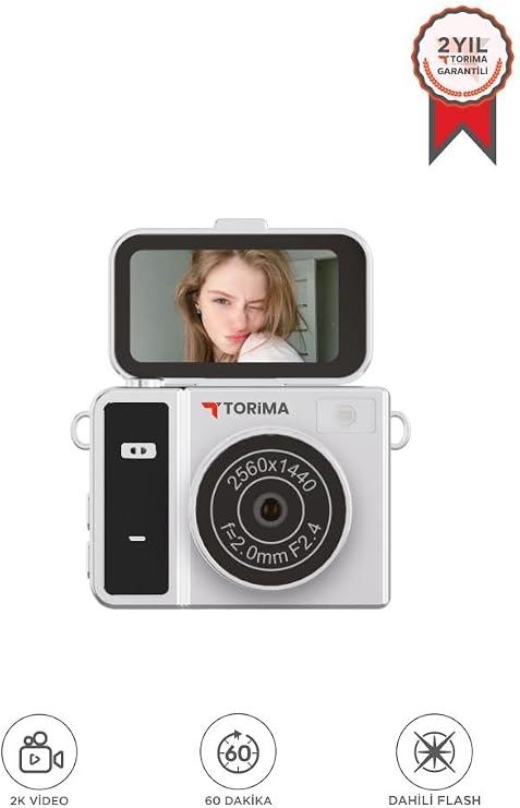 Torima Mini Dijital Kamera 2K Flip Ekranlı Selfie Video Vlog Kamerası CMR46 Siyah