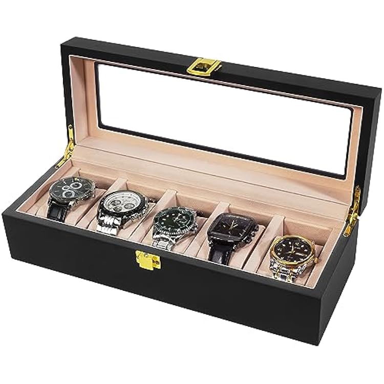Wooden Watch Storage Box - 5 Slot Watch Display Case for Men Women | Watch Holder Organizer fit Watches with Dial Size up to 52 mm Black