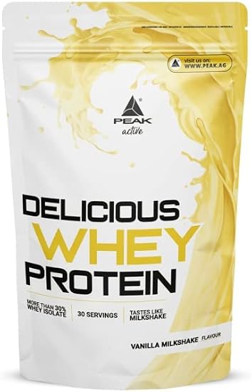PEAK Delicious Whey Protein - 900g Flavour Vanilla Milkshake I 30 Servings I Powder I Protein Source: Whey Protein Concentrate + Isolate I Without Added Sugar I with Digestive Enzyme Lactase