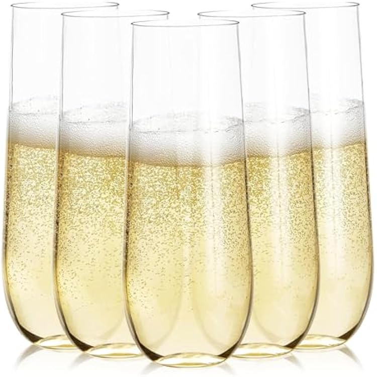 Prestee 24 Plastic Champagne Flutes - 9oz Heavy Duty Stemless Champagne Glasses for Parties - Disposable Clear Plastic Toasting Glasses, Mimosa Glass for New Years Eve Party Supplies