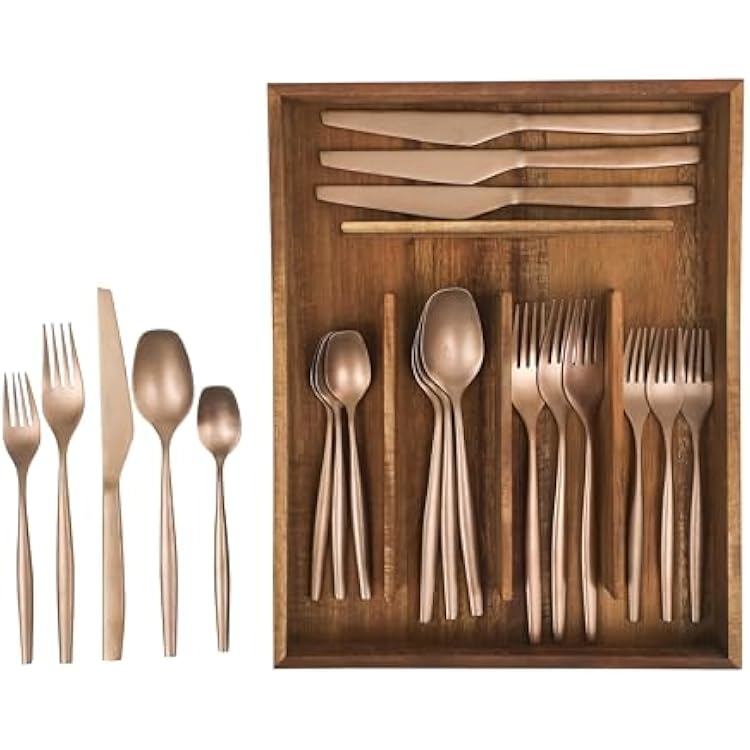 Bloomhouse - Two Time Oprahs Favorite Things Winner - 20 Piece Stone Washed Rose Gold Flatware 1810 Stainless Steel Silverware Cutlery Utensil Set With Acacia Wood Caddy - Service for 4
